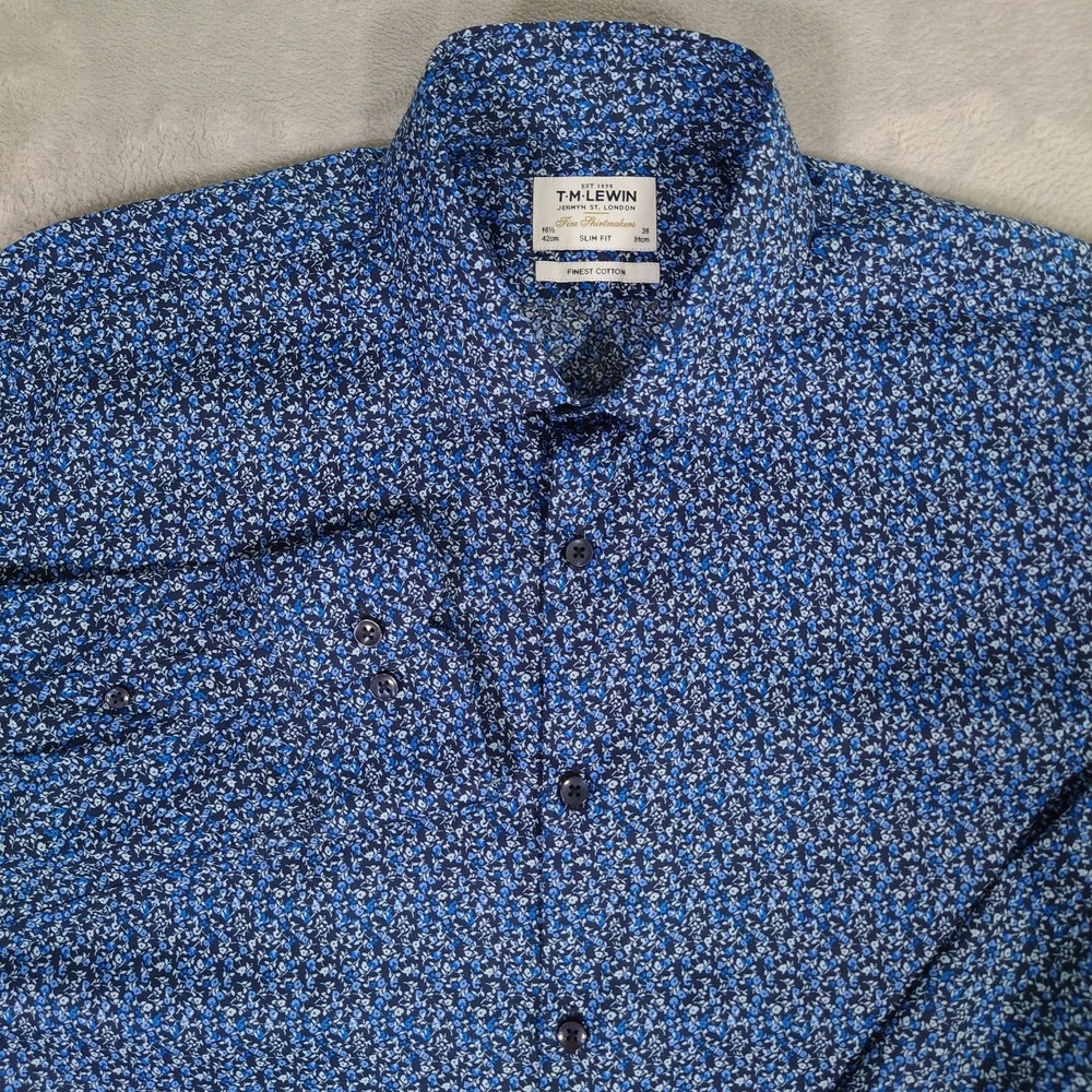 T.M. Lewin Slim Fit Dress Shirt Mens 16.5 36 Blue Floral Long Sleeve Fine Cotton